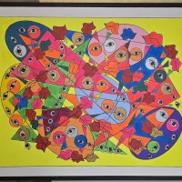 Landscape painting of mountains at sunset